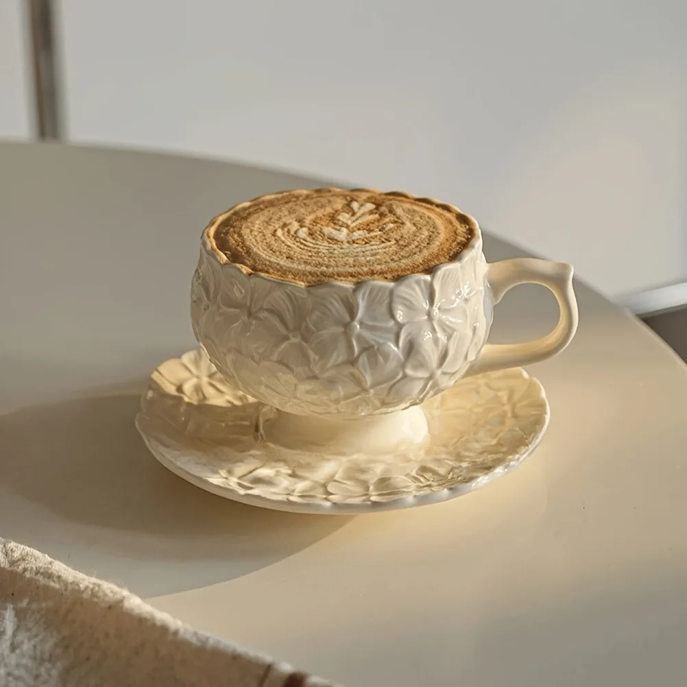 Coffee Tea Flower - French Cream Relief Coffee Cups Set